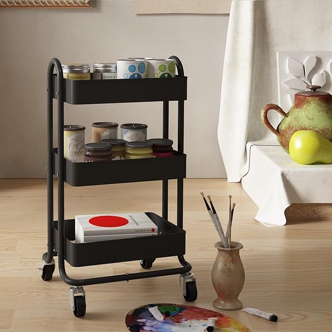 3-Tier Rolling Metal Storage Organizer,Mobile Utility Cart,Kitchen Storage Carts with Caster Wheels,Rolling Utility Cart Suitable for Office,Home,Kitchen,Garden（13.4"x18.1"x31"） Black