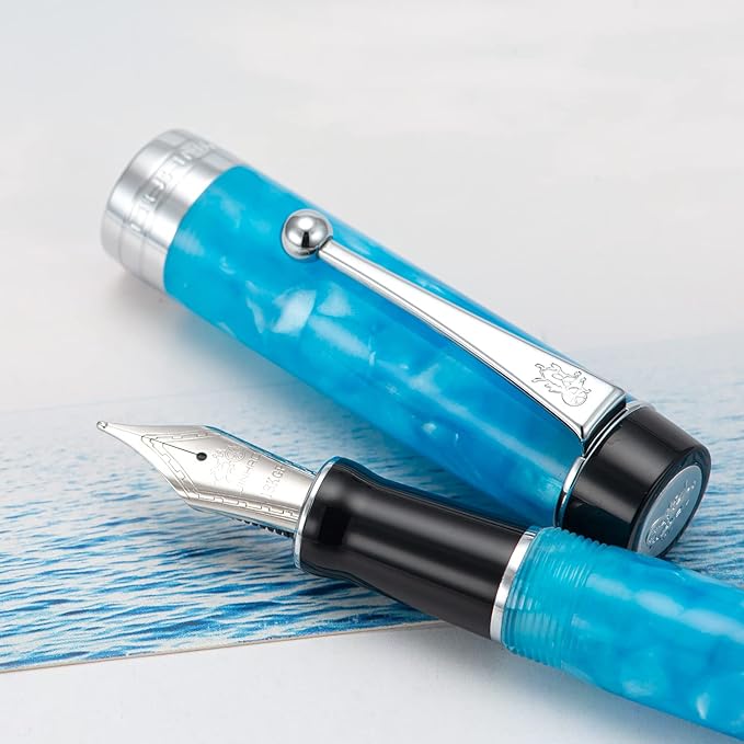 Jinhao 100 Fountain Pen Celluloid Classic Style, #6 Nib Smooth Writing Instrument with Refillable Converter and Pen Case Set