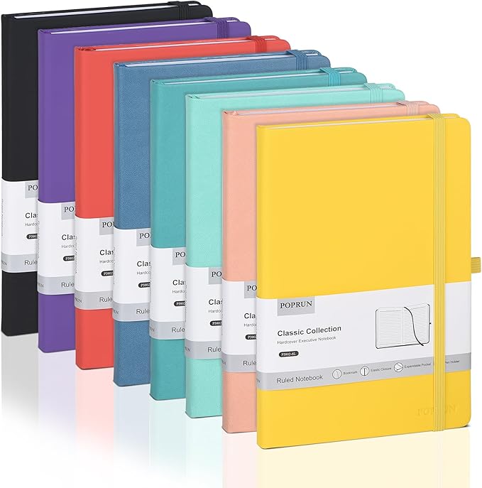 POPRUN A5 Lined Journal Notebooks, 8 Pack PU Leather Hardcover Notebook for Writing, Business Work,Travel,School,College, 5.5 x 8.3 inch, 240 Pages Classic College Ruled Journals Notepad, Multicolored