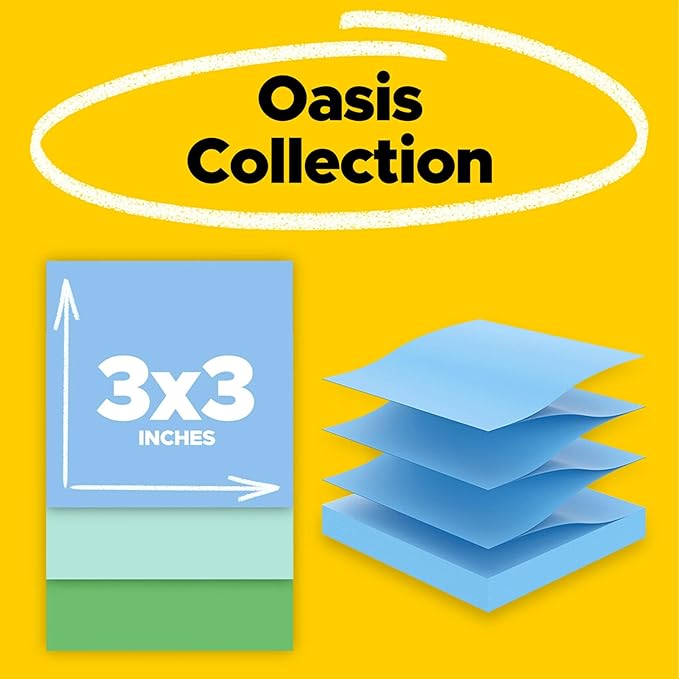 Post-it Super Sticky 100% Recycled Pop-up Notes, 3 in. x 3 in., 70 Sheets, 6 Pads, Oasis Collection, School Supplies and Office Products