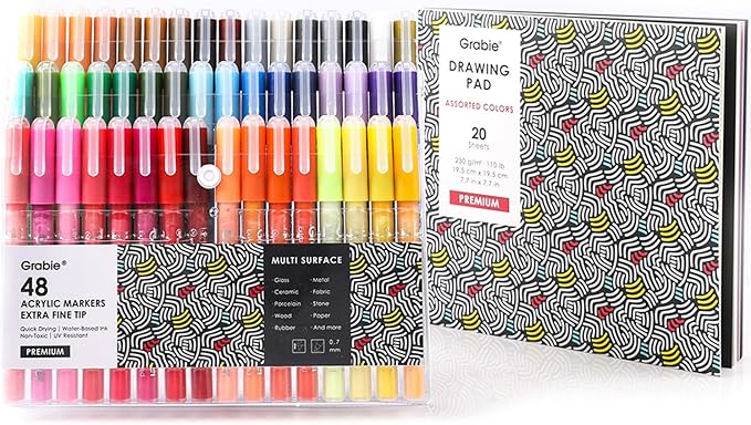 Grabie Premium Paint Pens - 48 Colors Art Supplies, Extra Fine Tip (0.7 mm) Acrylic Paint Markers for Various Surface