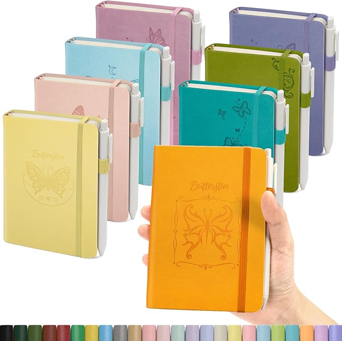 Pocket Small Notebook Journals, 8 Pack (8 Candy Color) Mini Notebook 3.7x5.7 Butterfly Journaling Notebooks for Women Men, Hardcover Lined Note Pads with Pens for Work, Business, Travel Journal, Office Supplies