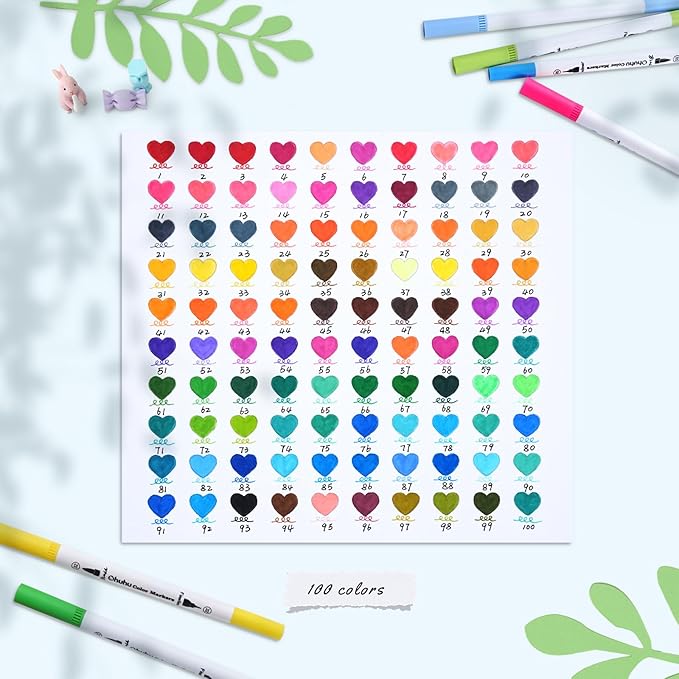 Ohuhu Markers for Adult Coloring Books No Bleeding 100 Colors Coloring Markers Water-based Dual Tips Fineliner & Brush Drawing Pens Art Markers for Kids Adults Sketch Journal - Maui - White
