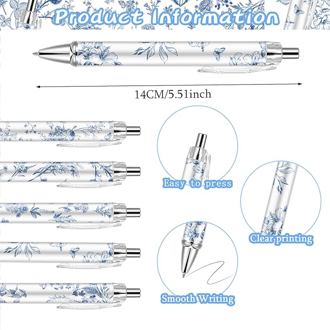 30PCS Blue and White Porcelain Pen 0.5mm Black Ink Fancy Pens Smooth Writing Retractable Ballpoint Pens for Journaling Aesthetic Office Supplies (BlueandWhitePorcelain, 30)