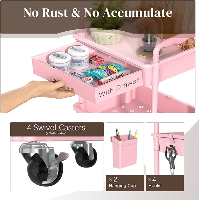 3 Tier Rolling Utility Cart with Drawer, Utility Storage Organizer with Plastic Shelf & Lockable Wheels Multifunctional Storage Cart for Kitchen, Bathroom, Office, Living Room, Pink