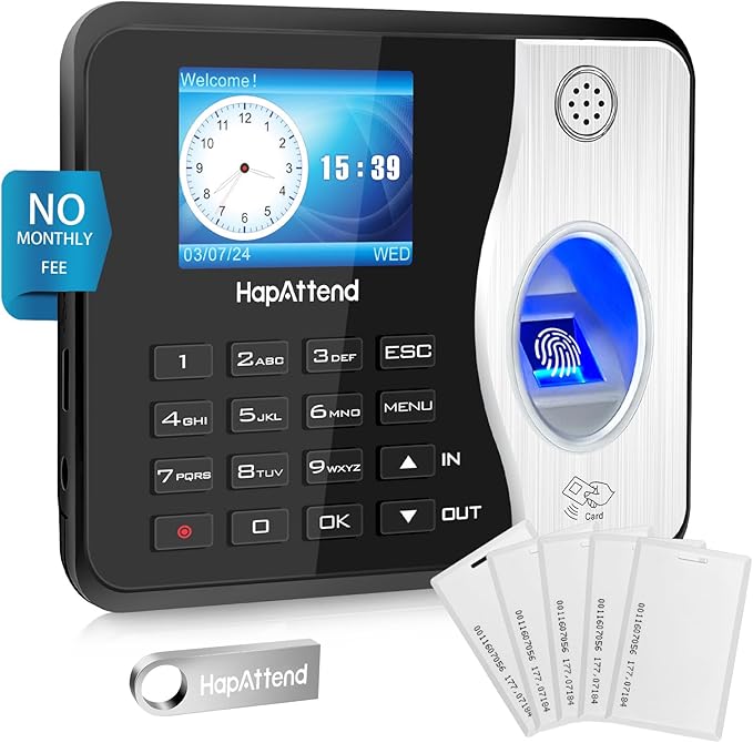 Time Clocks for Employees Small Business Automatic Calculate Hours, 0 Monthly Fees Fingerprint Time Clock, H3 Standalone Biometric Clock in Machine for Employees with 5 RFID Cards
