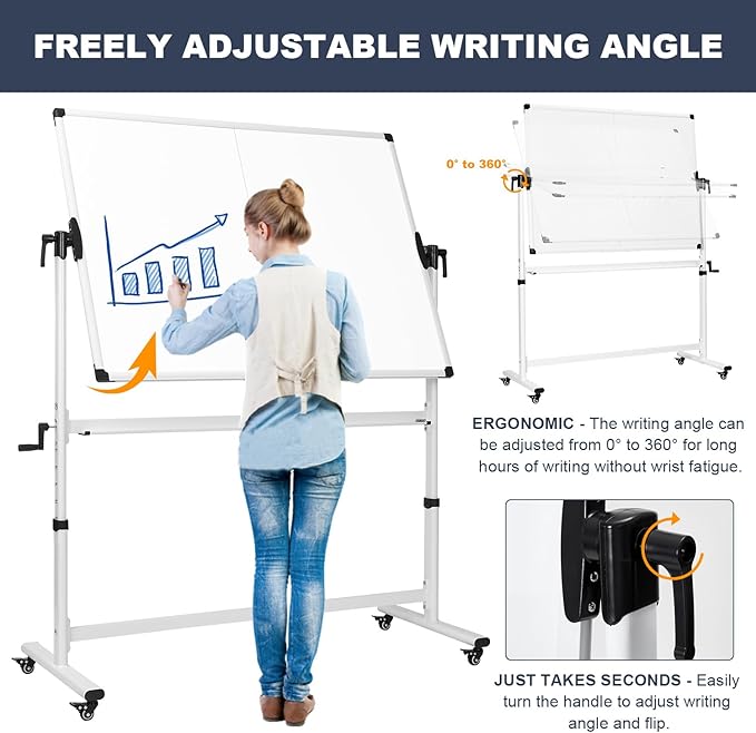 TANKEE Mobile Whiteboard 48 X 36 Inches Height Adjustable Large Standing White Board on Wheels, Rolling Double-Sided Magnetic Dry Erase Board for Office School Classroom Home