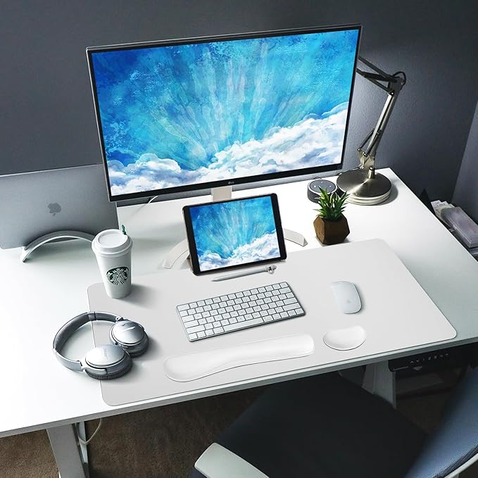 Bloss Leather Desk Pad and Keyboard Wrist Rest, Large Mouse Pad + Keyboard Pad+Mouse Wrist Support, Non-Slip Desk Mat Protector for Office, Home(31.5×15.7 Inches,White)