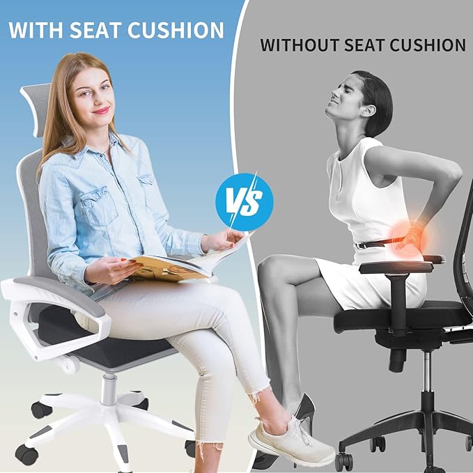 Large Seat Cushion，Soft Foam Cushion for Long Sitting Hours on Office Chair, Home & Car, Non-Slip Chair Pad for Relieving Back & Sciatica & Hip & Coccyx Pain (Grey)