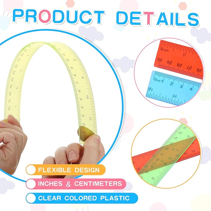 Zonon 6 Pcs 12 Inch Ruler Bulk Plastic Flexible Straight Metric Rulers with Centimeters and Inches Drafting Measuring Tool for Classroom School Students Education(Colorful)