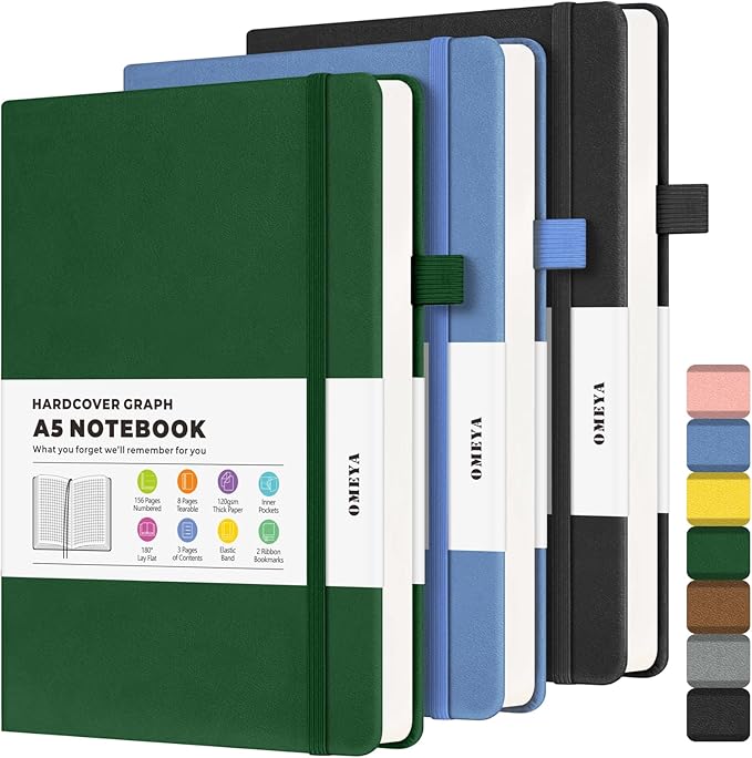 Graph Paper Notebook 3 Pack, A5 Grid Notebook Journal, Graph Notebook with 120gsm Paper, Hardcover Leather Journal for Writing, Grid Paper Notebook for Work, School Supplies, Engineering,5.75" x 8.38"