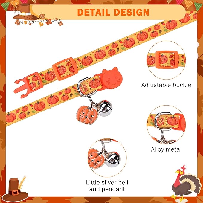 SCENEREAL Thanksgiving Day Breakaway Cat Collar with Bells, Safety Buckle Soft Adjustable Cats Collars for Daily Wearing, Kitten Puppy Personalised Collars for Dogs Girl Boy