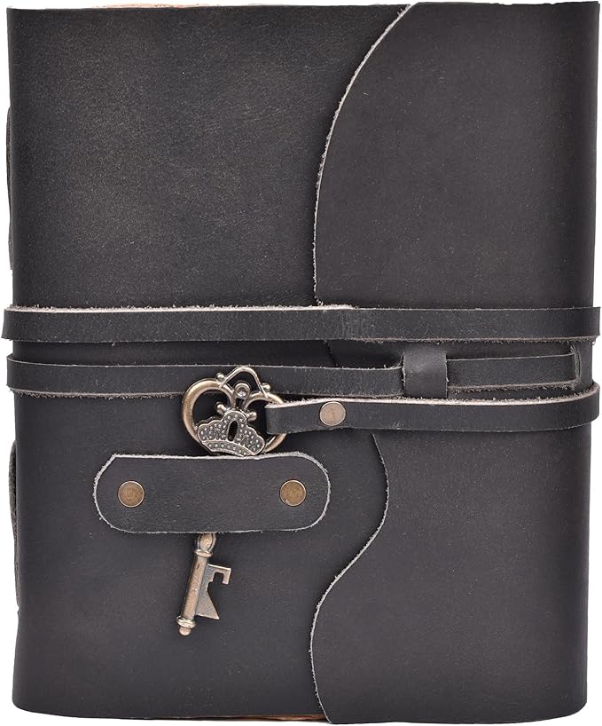 LEATHER VILLAGE Vintage Leather Journal – 200 Handmade Vintage Deckle Edge Paper – Leather bound Journal For Women Men – Vintage Key Closure - Book of Shadows - Black - 6X4 inches (A6)