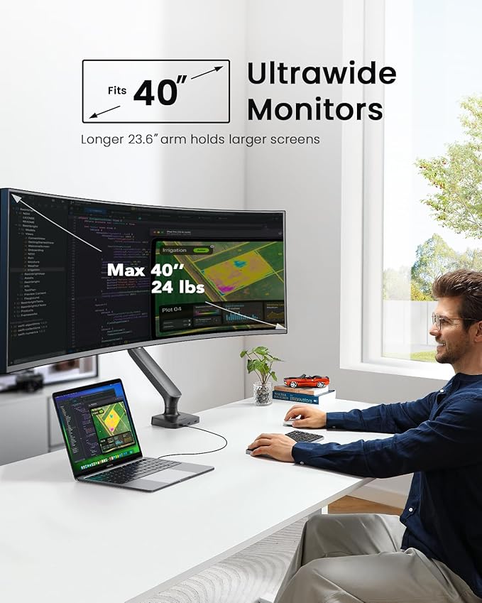Single Monitor Mount for 13-40 Inch Screens up to 24 lbs, Ergonomic Adjustable Monitor Arm with Built-in USB 3.0 Hub, Space-Saving VESA Desk Mount for Home Office & Gaming, C-Clamp & Grommet Base