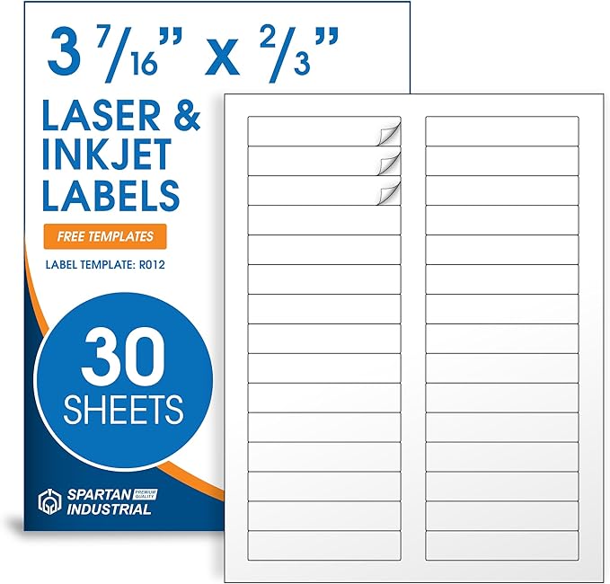 3 7/16" X 2/3" Matte White File Folder Labels Compatible with Inkjet and Laser Printers - 30 Sheets, 900 Printable Paper Stickers for Return Addresses, Mailing, Organizing - Spartan Industrial