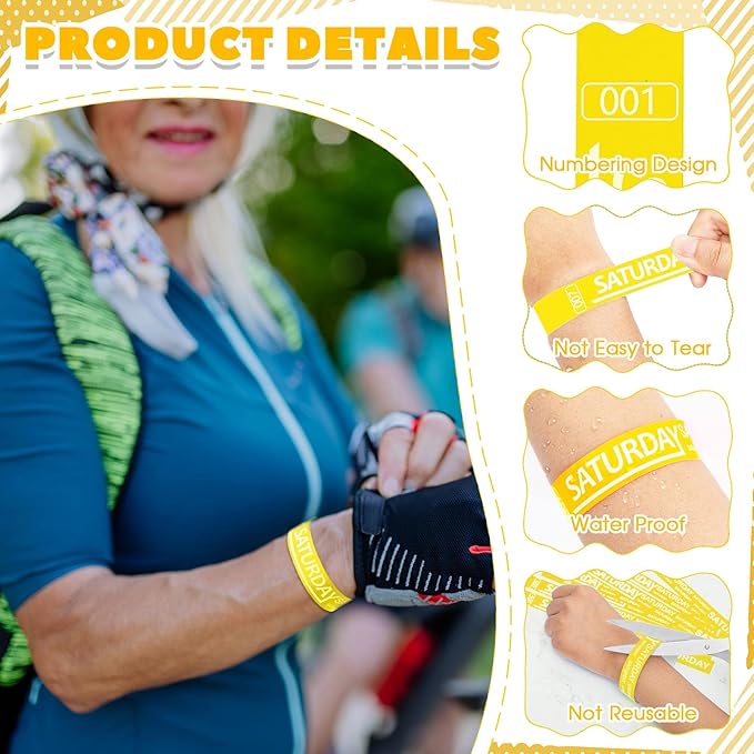 Henoyso 600 Pcs Saturday Paper Wristbands Event Wristbands Paper Bracelets Wristbands Numbered Waterproof Party Wristbands for Events Day of The Week(Yellow)