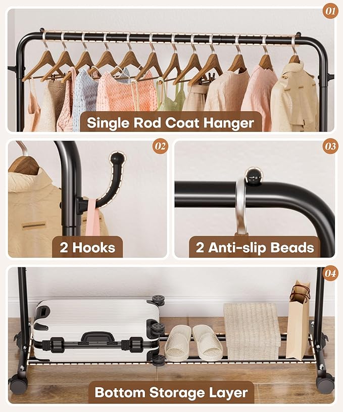 Homde Heavy Duty Clothes Rack: 120lb Standing Garment Storage for Indoor - Rolling Hanging Rod for Bedroom Laundry Room - Coat Dress Organizer on Wheels with luggage shelf (Black，46")