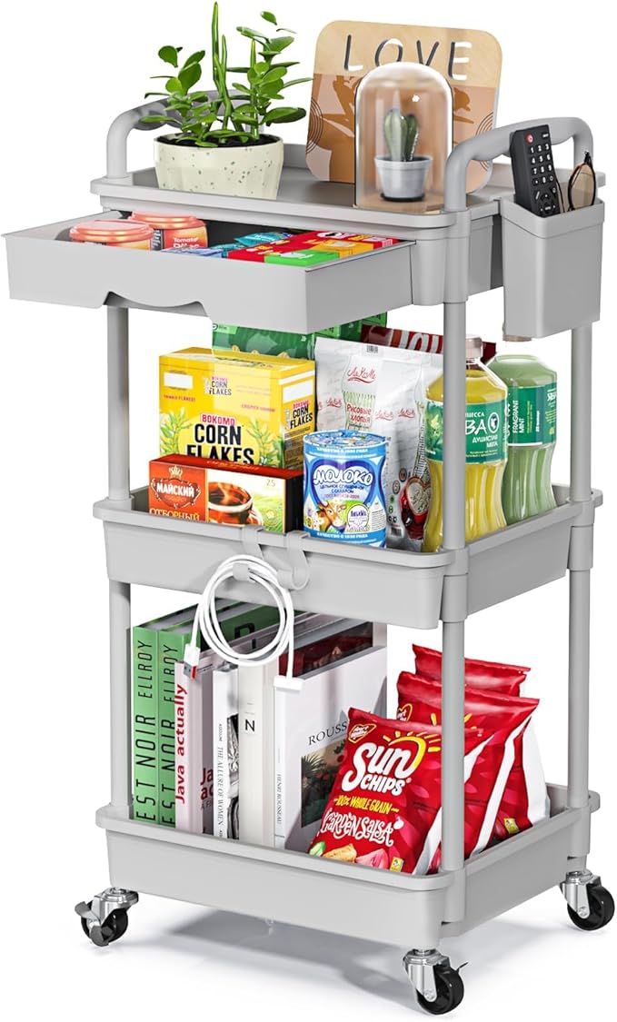 Rolling Utility Cart with Drawer 3 Tier, Utility Storage Organizer with Plastic Shelf & Lockable Wheels Multifunctional Storage Cart for Kitchen, Bathroom, Office, Living Room, Gray