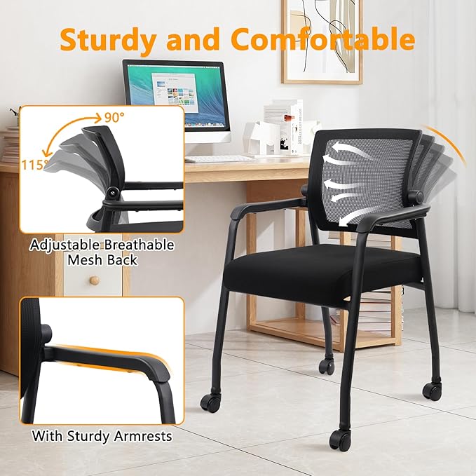 Waiting Room Chairs with Wheels, Adjustable Mesh Backrest, Desk Chair with Ergonomic Lumbar Support and Thickened Seats Cushion, 4 Pack Black