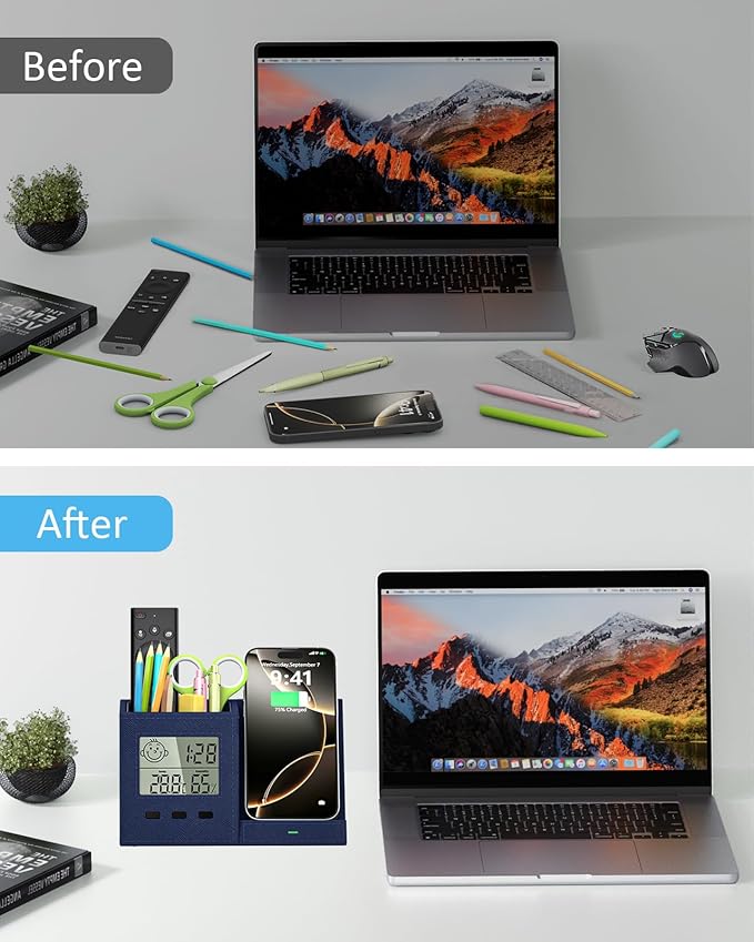 3-in-1 Wireless Charger with Pen Holder, Desk Clocks with Temperature and Humidity, Compatible with iPhone 16/15/14/13/12/11/8Series, Pencil Holder for Desk Home Office, Men Gift Idea Gadget, Blue