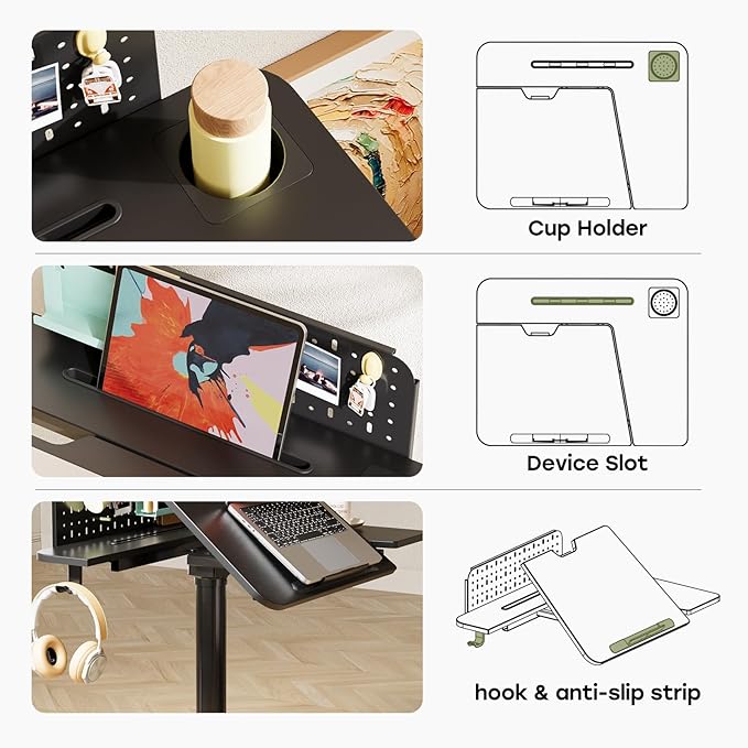 JOY worker Mobile Standing Desk with 60° Tiltable Desktop, 28" Height Adjustable Rolling Desk, DIY Pegboard & Storage Base, Portable Laptop Desk with 4 Lockable Wheels for Home Office, Black