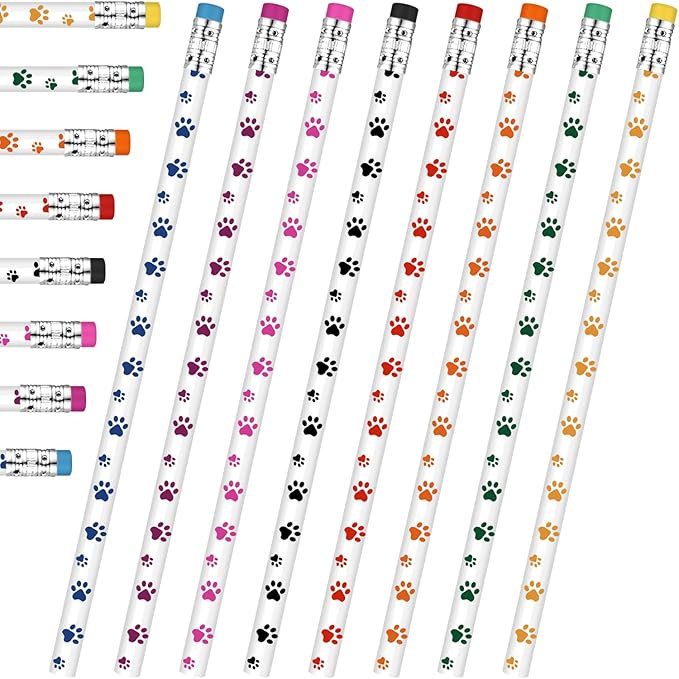 48 Pcs Paw Print Pencil 8 Color Pencils Party Favors for Kids Wooden Writing Novelty with Erasers Dog Party Favors Fun School Supplies and Reward Prizes