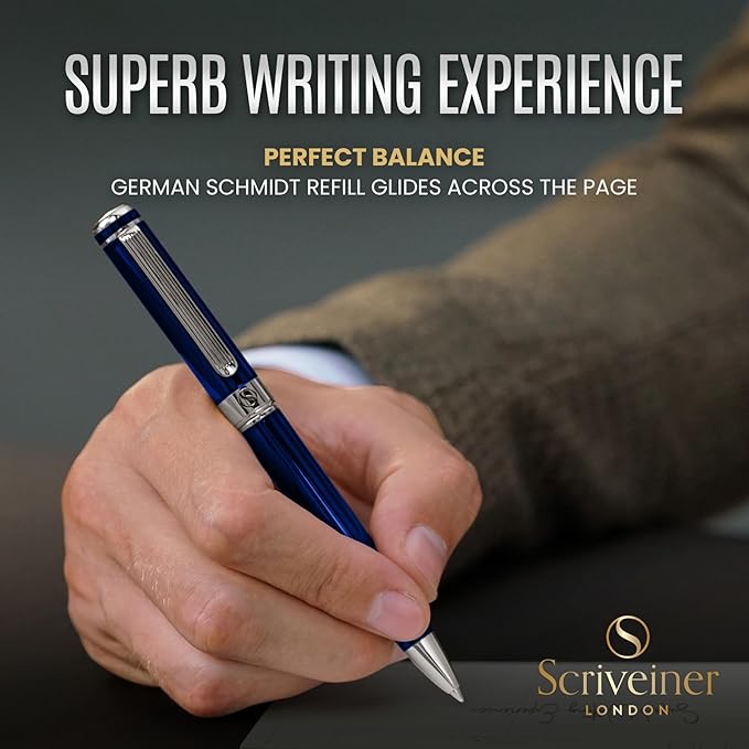 Scriveiner Midnight Blue Ballpoint Pen - Stunning Blue Lacquer Luxury Pen, Chrome Finish, Schmidt Black Refill, Best Ball Pen Gift Set for Men & Women, Professional Executive Office, Nice Designer Pen