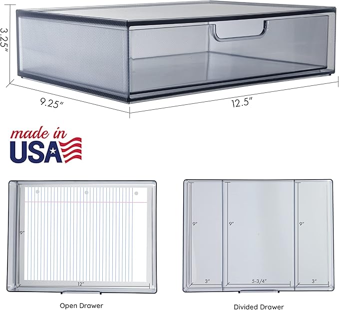 STORi STAX Plastic Stackable Organizer Drawers (Set of 2) Classic Grey | 12.5" Wide | Set Includes One Open Drawer & One Divided Drawer | Organize Office Desk Accessories & Sort Paper | Made in USA