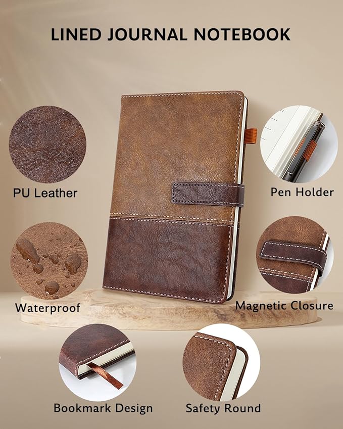 Leather Notebook Journal with Pen, A5 Lined Hardcover Notebook with Magnetic Closure, 240 Pages Daily Journal for Men Women, Ruled Journal Notebooks for Work, Writing, Note Taking - Brown