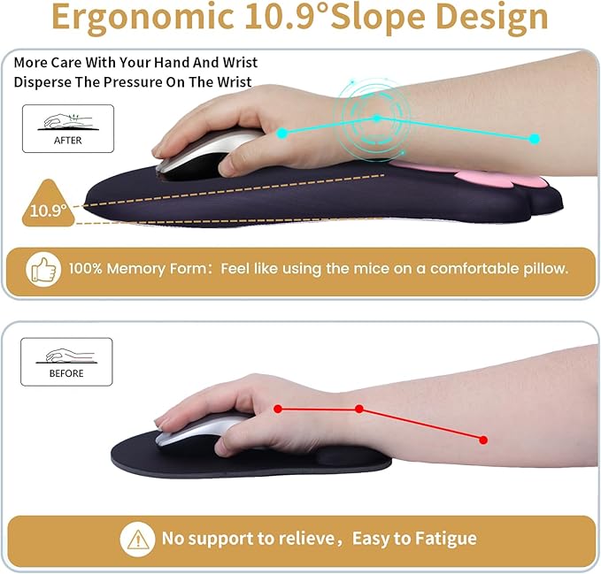 Ergonomic Mouse Pad with Wrist Rest,Cute Cat Paw Mousepad Wrist Support,Comfortable Massage Design Computer Pain Relief Mouse Pad with Non-Slip PU Base for Desk Laptop Gaming Office,Black