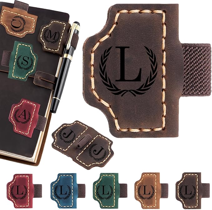 Artlaza Personalized Magnetic Leather Bookmark with Pen Holder - 26 Letters Custom Book Mark with Name Initial Engraved Book Marker for Readers, Book Lovers, Travelers - Gift for Women & Men(Brown，L