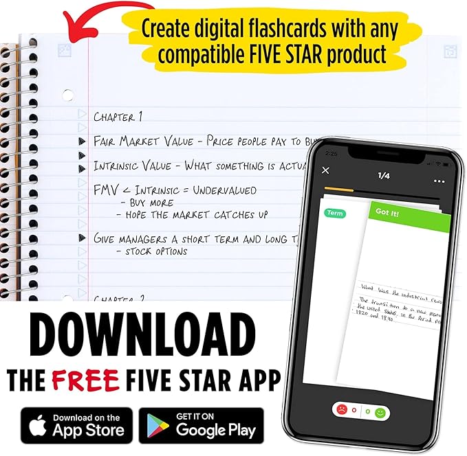 Five Star Spiral Notebook + Study App, 3 Subject, College Ruled Paper, Fights Ink Bleed, Water Resistant Cover, 8-1/2" x 11", 150 Sheets, Green (72067)