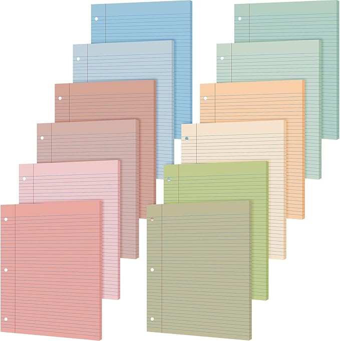 PerKoop 12 Pack 600 Sheets Colored Lined Paper Bulk Wide Ruled 8 x 10.5 Inches, Pastel Loose Leaf Notebook Paper 3 Hole Punched Filler for Back School Classroom Supplies(Boho Color)