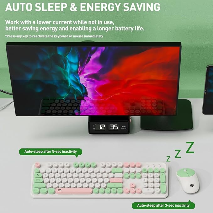 Keyboard and Mouse Wireless,2.4Ghz Retro Typewriter Style Round Keycap,Full Size Wireless Keyboard Mouse Combo,Cute Cordless Keyboard Mouse Set for PC Laptop Desktop Computer-Milk White Green Colorful