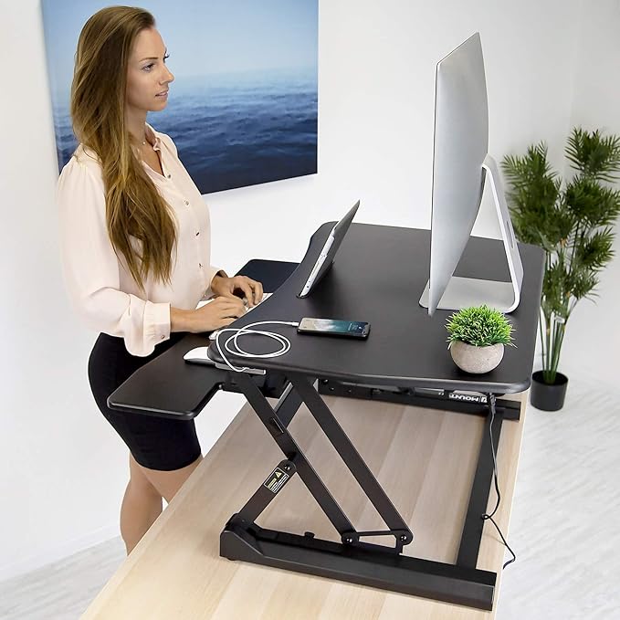 Mount-It! Electric Standing Desk Converter 35.4" x 23" Stand Up Desk Riser, Computer Workstations Motorized Desk Convertor, Sit to Stand with Built-in USB Port, Ergonomic Height Adjustable in Black