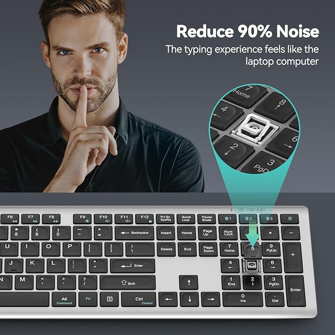 TECKNET Bluetooth Keyboard Rechargeable, 4-Device Free Switching (2.4G+BT), Ultra-Slim Full Size Wireless Keyboard, Quiet Typing, for PC/Laptop/Smart TV/Phone, Adjustable Stand, 12 Multimedia Keys