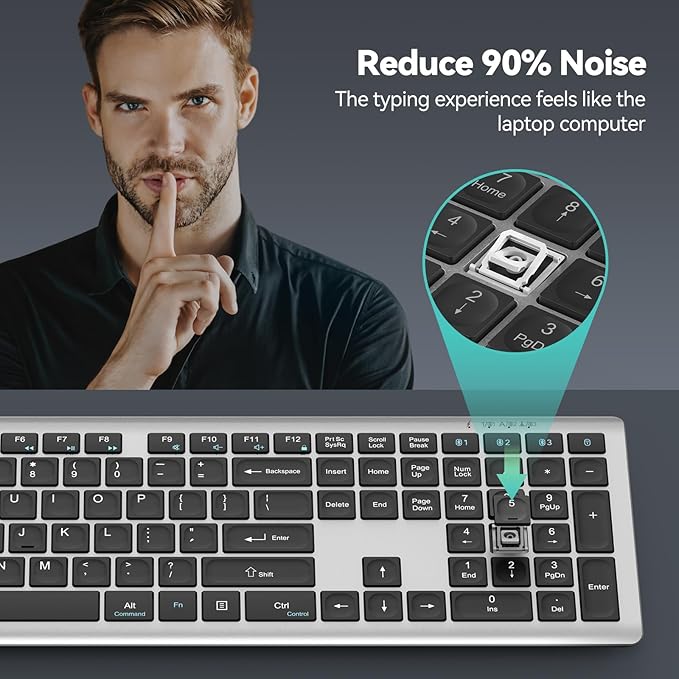 TECKNET Bluetooth Keyboard Rechargeable, 4-Device (2.4G+BT) Wireless Keyboard, Full Size Computer Keyboard with Stand, Ultra-Slim Quiet Typing, for PC/Laptop/Smart TV/Phone/Tablet, 12 Hotkeys