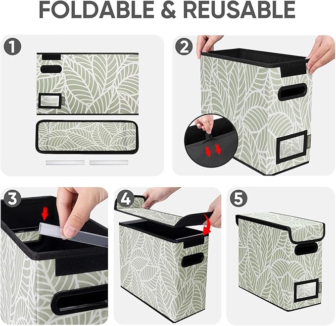 BALEINE File Organizer Box with Lid, Collapsible File Folder Organizer with Plastic Slide, Hanging File Folder Box for Office Document Storage (2 Pack, Antique Foliage, S)