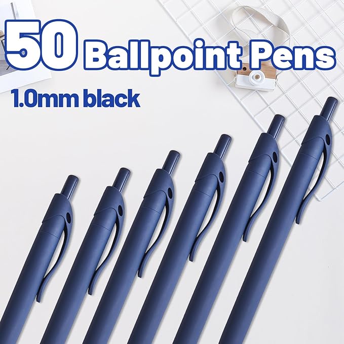 BallPoint Pens, 50 Pack (BLACK Ink),Bulk Pens, Navy Blue Barrel,Click Pens for Office Home and School, Retractable Ballpoint Pens, Medium Point, 1.00MM (Navy Blue)