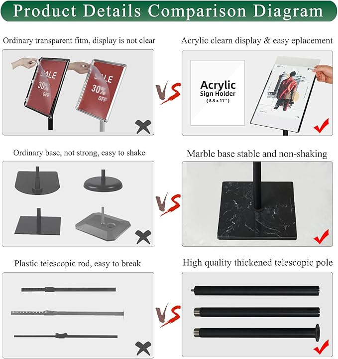 Adjustable Poster Sign Holder Stand 8.5x11 , Sign Holder Stand with Heavy Duty Marble Base, Reusable Sign Holder Vertical & Horizontal View Display for Indoor Outdoor Standing（Square）