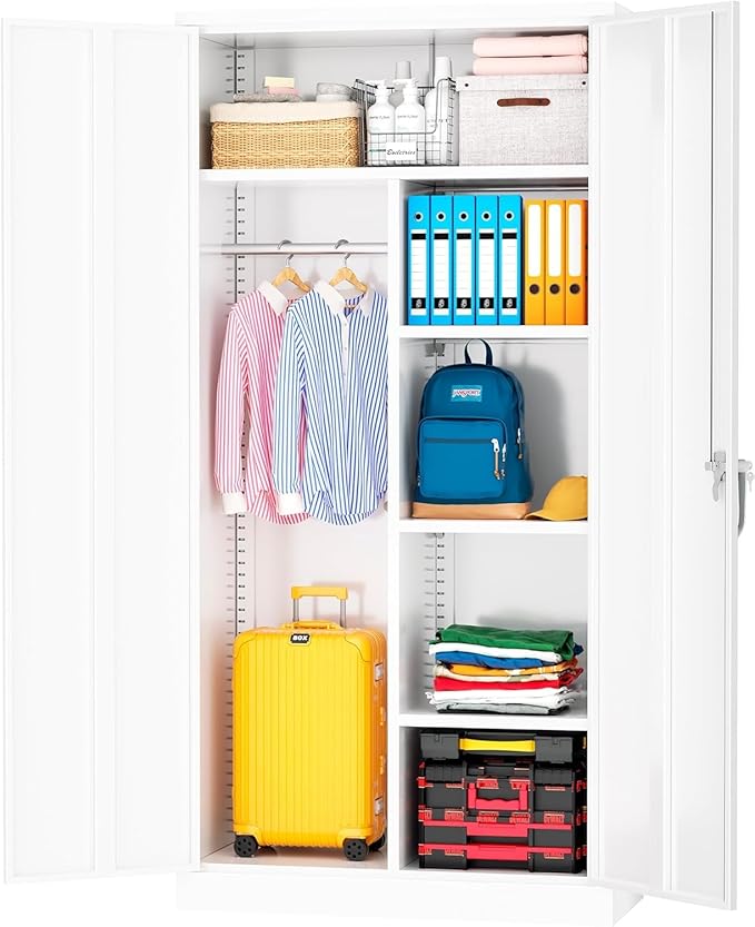 INTERGREAT Metal Storage Cabinet,Armoire Wardrobe Closet with 4 Adjustable Shelves and Hanging Rod,Metal Wardrobe Cabinet with Lockable Doors for Home Office,Warehouse,Garage,White