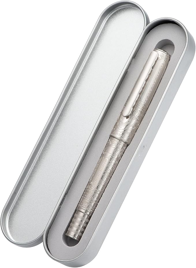 Hongdian 100 Silver Steel Piston Fountain Pen, Iridium Fine Nib Calligraphy, Smooth Writing Pens, Nice Writing Pen for Men & Women