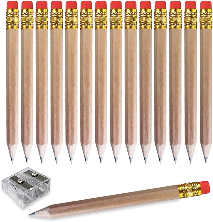 Adhere 25pcs Golf Pencils with Eraser Pre sharpened Hexagon half Wooden Pencils Graphite 2B for Golf Event Scoring,Classroom,Wedding,Company Meetings,Pew, Pocket (Nature)