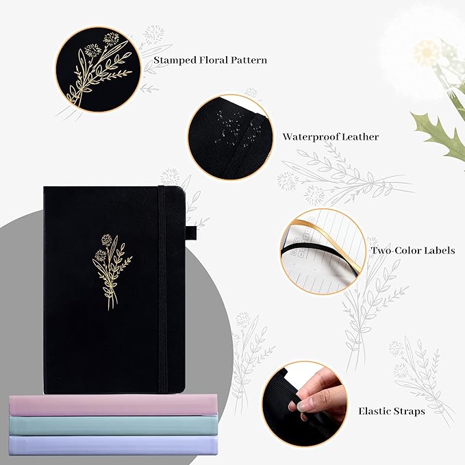 Lined Journal Notebook for Women Cute Leather Journals for Writing Aesthetic Floral Diary 192 Pages A5 Hardcover Journaling Notebooks with Pen Loop, 5.7 x 8.3 In, Black