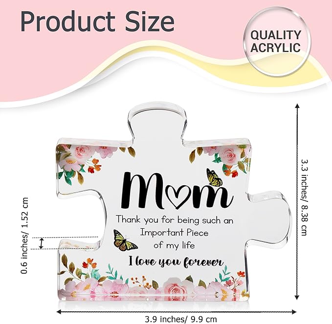 VELENTI Gifts for Mom - Cute Engraved Acrylic Block Puzzle Piece - Adorable Mum Gift from Son, Daughter - Fun Christmas, Mothers Day, Retirement Gift Idea - Fancy Decoration Piece for Home, Office