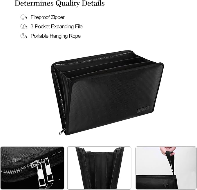 Expanding File Folder Important Document Organizer Fireproof & Waterproof Document Bag with A4 Size 3 Pockets Zipper Closure Non-Itchy Silicone Coated Portable Filing Wallet Pouch(14.3inx9.8inx1.6in)