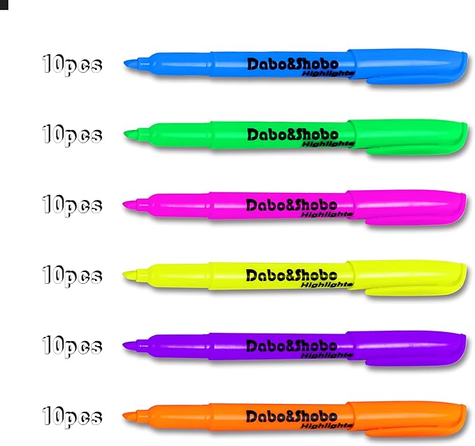 Dabo&Shobo Highlighters, 60 Bulk Pack Highlighter, Assorted Colors, Chisel Tip, Quick Drying For Highlighting