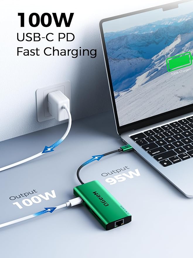 QGeeM USB C Hub Ethernet,9 in 1 USB Type C Hub HDMI Multi-Port Converter Adapter,100W Pd, USB 3.0,SD/TF Card Reader,Compatible for MacBook Pro Air Ipad HP Dell Lenovo Chromebook etc.-Green