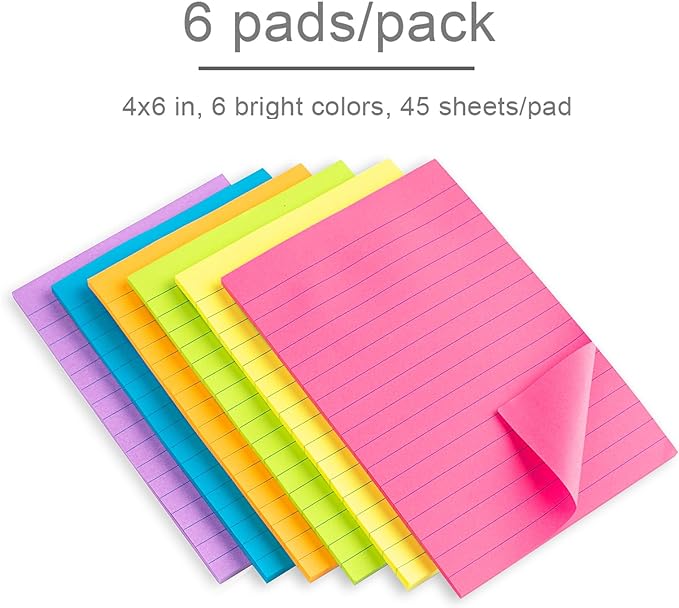 Lined Sticky Notes 4X6 in Bright Ruled Post Stickies Colorful Super Sticking Power Memo Pads, 45 Sheets/pad, 6 Pads/Pack