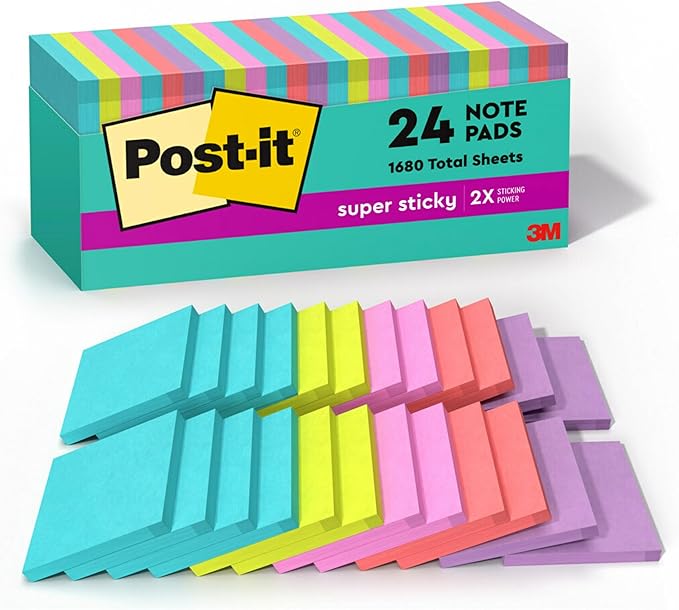Post-it Super Sticky Notes, 24 Sticky Note Pads, 3 x 3 in., School Supplies, Office Products, Sticky Notes for Vertical Surfaces, Monitors, Walls and Windows, Supernova Neons Collection